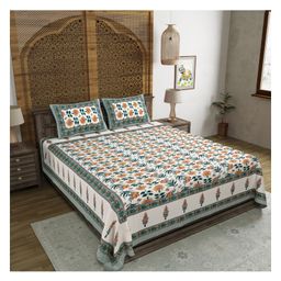 Blocks Of India Cotton Block Print King Size Bedsheet GREEN White Open-2