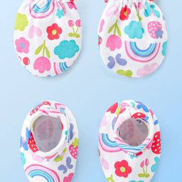 Babyhug 100% Cotton Knit Floral Print Mittens and Booties - Multicolor-image-69