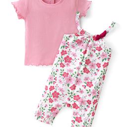 Babyhug Single Jersey Knit Floral Printed Dungaree with Half Sleeves Inner Tee - Pink & White-image-20