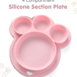 Silicone Suction 4 Compartment Section Plate With Attached Placemat 100% Silicone Baby Dish - Light Pink-10