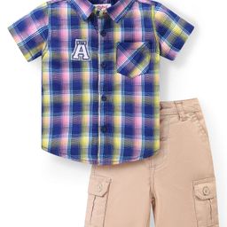 Babyhug Cotton Woven Half Sleeves Checkered Shirt And Shorts Set - Blue & Beige-image-4