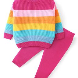Babyhug Knit Full Sleeves Striped Sweater Set - Pink-image-30