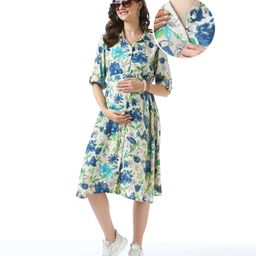 Bella Mama Woven Three Fourth Sleeves Maternity Shirt Dress with Side Pocket Floral Print -Off White-image-33