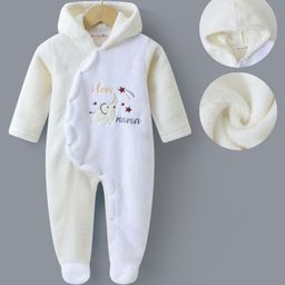 Kookie Kids Full Sleeves Front Open Hooded Footed Romper with Text & Elephant Embroidery - Beige-image-92