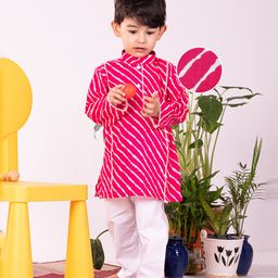 Vastramay Cotton Full Sleeves Leheriya Printed Kurta And Pyjama Set - Pink-image-60