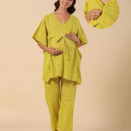 Ikk Kudi by Seerat Cotton Woven Three Fourth Batwing Sleeves Floral Motif Printed Kaftan Top With Zipper Nursing Access & Pant Set - Lemon Yellow-image-84