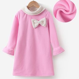 Kookie Kids Full Sleeves Solid ColourParty Frock with Peter Pan Collar & Bow Applique - Pink-picture-39