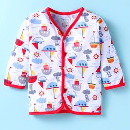OHMS Single Jersey Knit Full Sleeves Front Open Vest with Boat Print - White & Red-12
