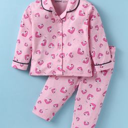 Doreme Single Jersey Knit Full Sleeves Night Suit With Heart Print - Pink-picture-29