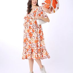 Bella Mama Women Flutter Sleeve Floral Printed Maternity Dress with Pocket - White-image-91