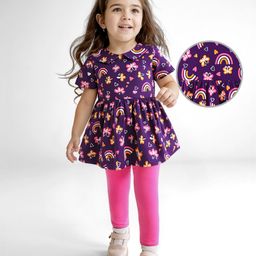 Doodle Poodle Cotton Knit Half Sleeves Peter Pan Collared Hearts & Rainbow Printed Frock With Leggings- Navy & Dark Pink-image-17