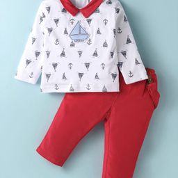 ToffyHouse Interlock Knit Full Sleeves Boat Printed Collared T-Shirt & Joggers Set with Suspender - Red & White-image-81