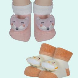 Baby Moo Pack of 2 Terry Little Chick & Fox Applique Detailed Anti Skid Socks - Orange & Peach-picture-6
