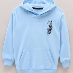 Doreme Terry Knitted Full Sleeves Pullover Hooded Sweatshirt With Text Print & Kangaroo Pockets - Sky Blue-image-94