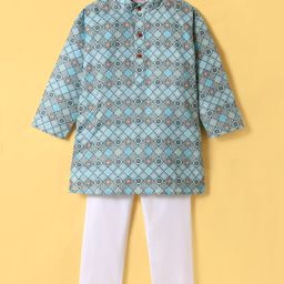 Ridokidz Full Sleeves Floral Printed Kurta Pyjama - Light Blue-image-75