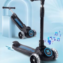 Babyhug 3 Wheel Foldable Kids Scooter With Light & Music - Blue & Black-image-37