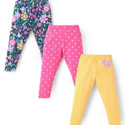 Babyhug Cotton Lycra Knit Full Length Leggings With Polka Dot & Floral Print Pack Of 3 - Blue Pink & Yellow-image-128