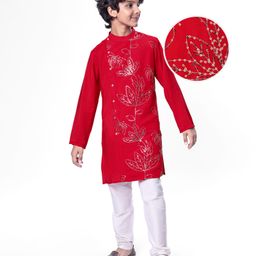 Pine Kids Woven Full Sleeves Floral & Sequinned Detailing Kurta & Pyjama Set - Red-picture-32