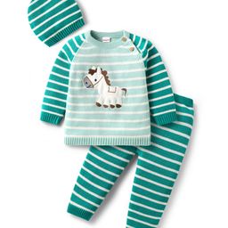 Babyhug Knitted Full Raglan Sleeves Pullover Sweater Set With Cap & Horse Patch Detailing - Green-image-53