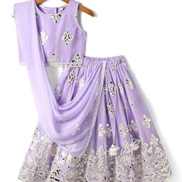 Babyhug Woven Sleeveless Georgett Pitta Work Embriodered Lehenga Choli & Dupatta Set - Purple-image-25
