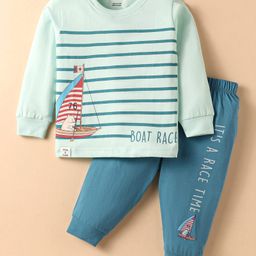 CUCUMBER Sinker Knit Full Sleeves T-Shirt & Lounge Pant Set With Boat Print - Light Blue-image-60