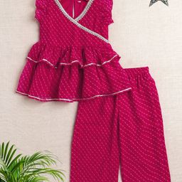 The Magic Wand Cotton Woven Frill Sleeves Leheriya Printed & Gota Lace Embellished Top With Coordinating Palazzo Set - Fuchsia-picture-6