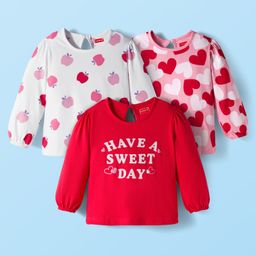 Babyhug 100% Cotton Knit Full Sleeves T-Shirts with Text Apple & Heart Print Pack of 3 - White Pink & Red-picture-29