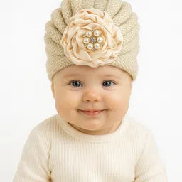 The little lookers Wool Knit Floral Applique Detailed Pearls Embellished Turban Cap - Off White - Circumference - 36 Cm-picture-41