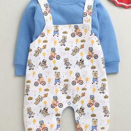 BUMZEE Cotton Knit Full Sleeves Dungaree & Tee With Vehicle Print - White & Blue-picture-13