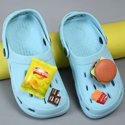 Yellow Bee Solid Perforated Slingback Clogs With Fast Food Charms - Blue-picture-10