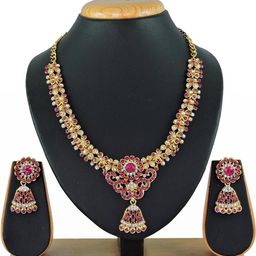 VATSALYA creation Gold Toned & Pink Stone Studded Jewellery Set-image-1