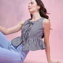 DressBerry Checked Tie-Up Neck Cotton Peplum Top-14