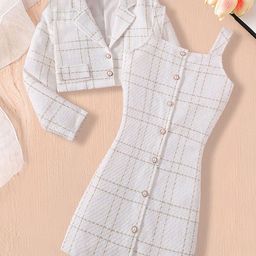 INCLUD Girls Checked Shoulder Straps Bodycon Cotton Dress Come With A Jacket-image-55