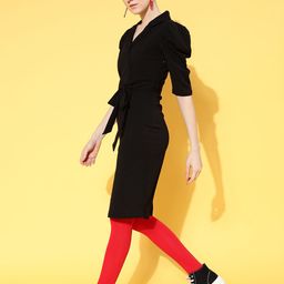 SASSAFRAS Black Solid Wrap Bodycon Dress-image-47