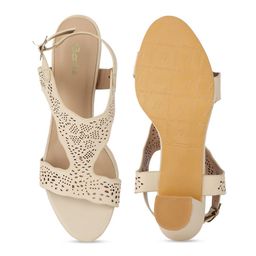 Bata Beige PU Block Sandals with Laser Cuts image 5