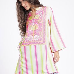 glitchez Striped Tropical Printed A-Line Mini Dress With Pom Pom Detail-1