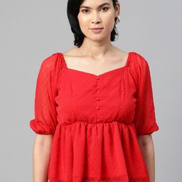 plusS Red Self Design Sweetheart Neck Puff Sleeves Cinched Waist Top-17