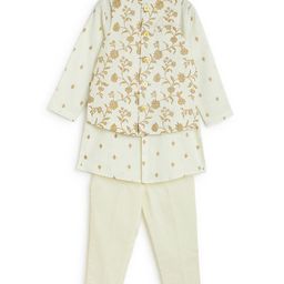 Tiber Taber Full Sleeves Floral Print Kurta With Waistcoat And Pyjama - Cream-image-40