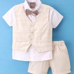 Little Kangaroos Half Sleeves Shirts & Shorts Set with Striped Waistcoat & Bow - Beige-image-22