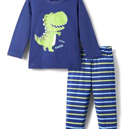 Babyhug Cotton Knit Half Sleeves Striped Night Suit Dino Print - Navy-image-25