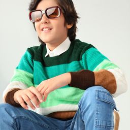Pine Kids Full Sleeves Fine Knit Sweater Striped - Green Brown & White-image-68