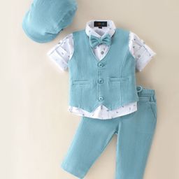 Robo Fry Cotton Lycra Full Sleeves Solid Colored Party Suit With Cap & Bow - Blue-image-48