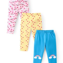 Babyhug Cotton Lycra Full Length Leggings With Heart & Floral Print Pack Of 3 - Multicolor-image-12