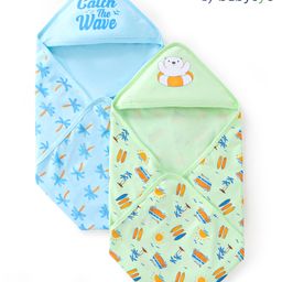 Babyoye 100% Cotton with Eco Jiva Finish  Hooded Towel & Wrappers Beach Print L 81 x B 79 cm - Blue and Green-image-53