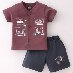 CUCUMBER Cotton Knit Half Sleeves Night Suit With Animals Print - Brown-image-34