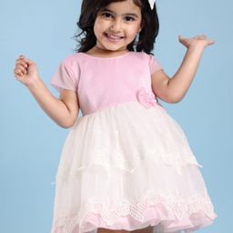 Babyhug Woven Half Sleeves Fit and Flare Party Dress with Lace Detailing & Bow Applique  - Pink-image-82