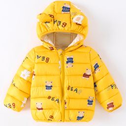Kookie Kids Full Sleeves Padded Hooded Jacket With Bear Print & Ears Applique - Yellow-image-63