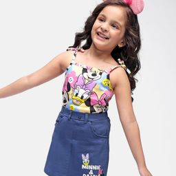 Babyhug Disney Cotton Knit Singlet Sleeves Top & Skirt Set With Minnie Mouse Graphics - Yellow & Navy-image-99