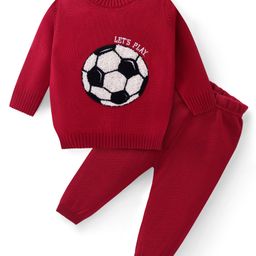 Babyhug Knit Full Sleeves Sweater Set with Football Design - Red-image-80