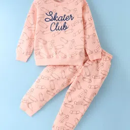 Smarty Boys 100% Cotton Knit Full Sleeves T-Shirt & Lounge Pants Set With Skater Club Print - Bright Peach-picture-3